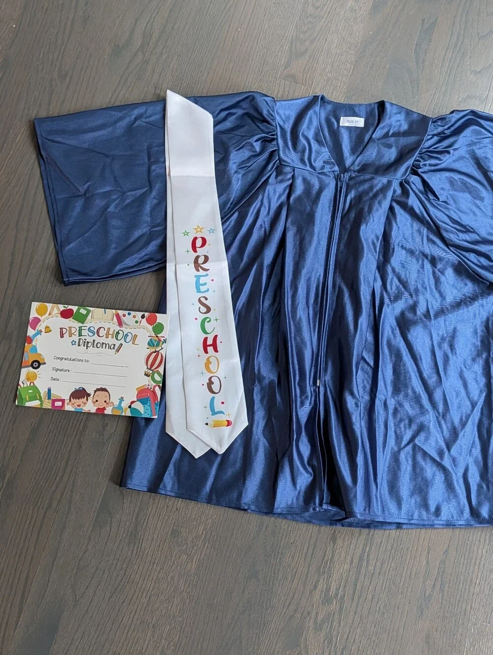 Preschool Graduation Gown & Cap Set with Preschool Sash, Blue, Size 27, Small